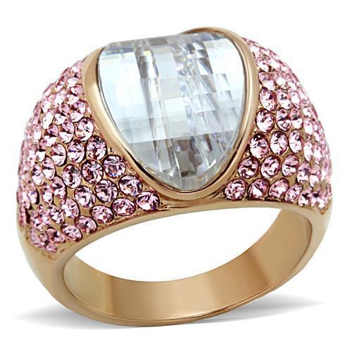 Women Stainless Steel Cubic Zirconia Ring with IP Rose Gold finish, featuring clear sparkling stones.