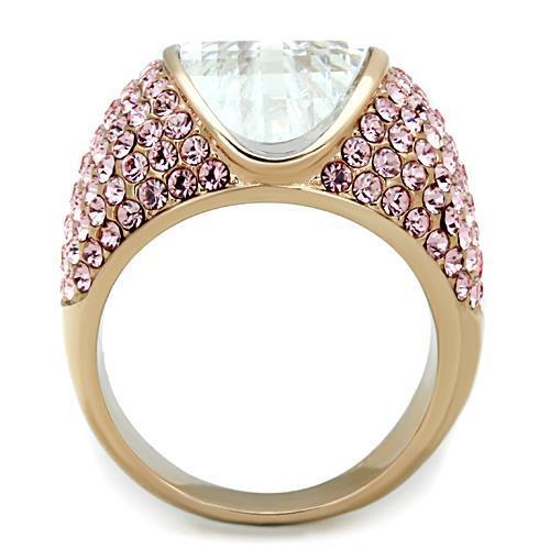 Women Stainless Steel Cubic Zirconia Ring with IP Rose Gold finish, featuring clear sparkling stones.
