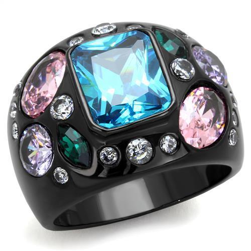 Elegant Women Stainless Steel Ring with Sea Blue Cubic Zirconia and IP Black Ion Plating.