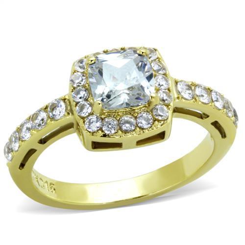 Women Stainless Steel Cubic Zirconia Ring TK1899 featuring a gold ion plating finish and sparkling clear cubic zirconia stones.