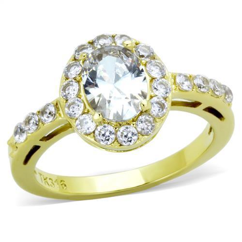 Women Stainless Steel Cubic Zirconia Ring TK1901 with clear stones and gold ion plating, showcasing elegance and style.