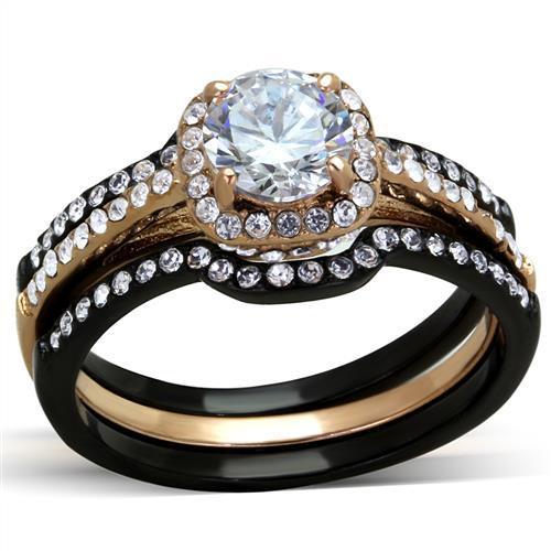 Elegant Women Stainless Steel Ring with Cubic Zirconia in IP Rose Gold and Black finishes, showcasing a modern design.