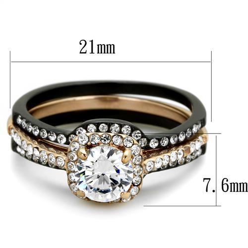 Elegant Women Stainless Steel Ring with Cubic Zirconia in IP Rose Gold and Black finishes, showcasing a modern design.