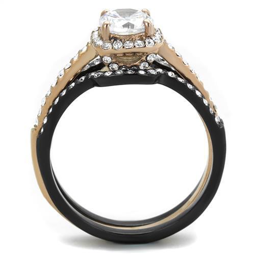 Elegant Women Stainless Steel Ring with Cubic Zirconia in IP Rose Gold and Black finishes, showcasing a modern design.