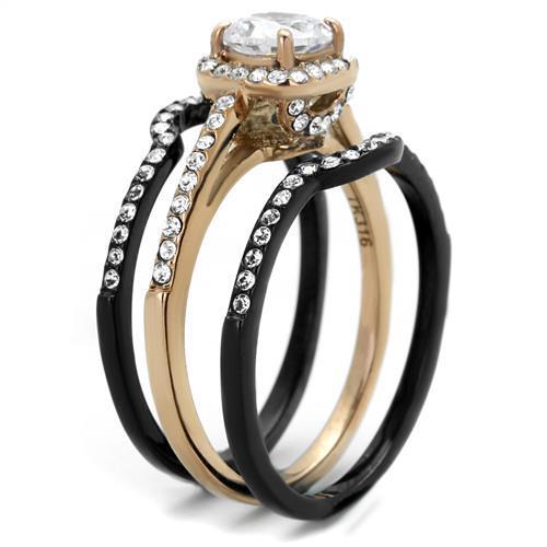 Elegant Women Stainless Steel Ring with Cubic Zirconia in IP Rose Gold and Black finishes, showcasing a modern design.