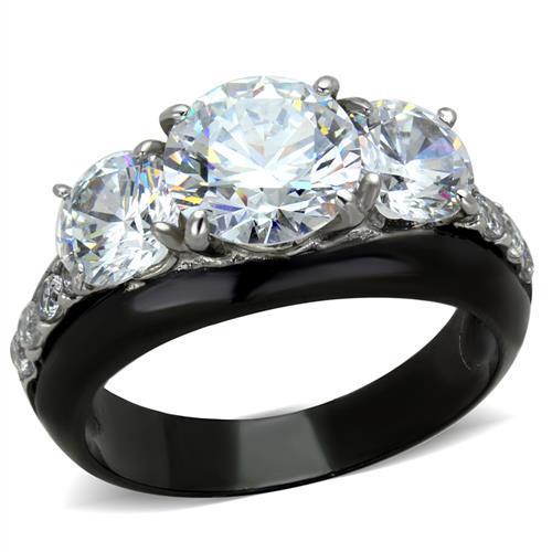 Elegant Women Stainless Steel Cubic Zirconia Ring with two-tone IP black finish and clear stones.