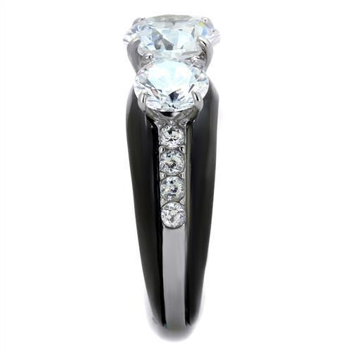 Elegant Women Stainless Steel Cubic Zirconia Ring with two-tone IP black finish and clear stones.