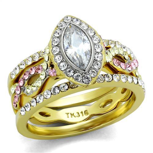 Elegant two-tone stainless steel ring with cubic zirconia accents, designed for women.