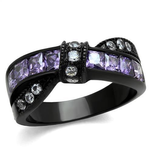 Elegant Women Stainless Steel Ring with Cubic Zirconia and Amethyst accents, featuring IP black ion plating.