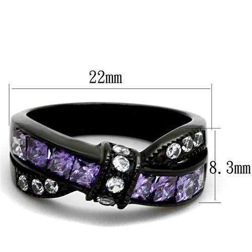 Elegant Women Stainless Steel Ring with Cubic Zirconia and Amethyst accents, featuring IP black ion plating.