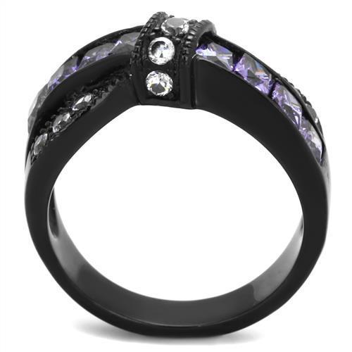 Elegant Women Stainless Steel Ring with Cubic Zirconia and Amethyst accents, featuring IP black ion plating.