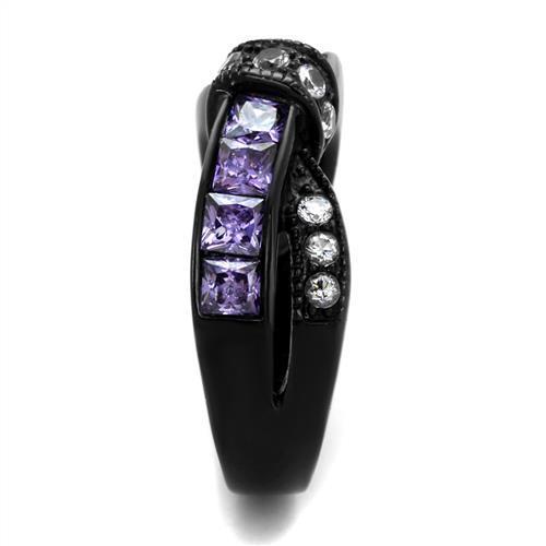 Elegant Women Stainless Steel Ring with Cubic Zirconia and Amethyst accents, featuring IP black ion plating.