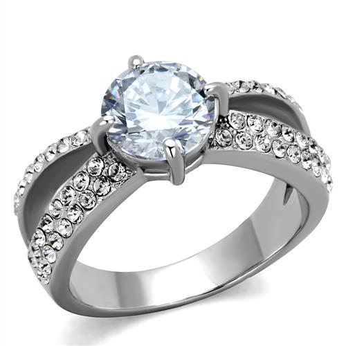 A high-polished stainless steel ring adorned with clear cubic zirconia stones, showcasing elegance and shine.