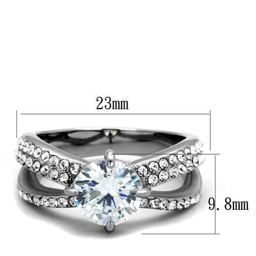 A high-polished stainless steel ring adorned with clear cubic zirconia stones, showcasing elegance and shine.