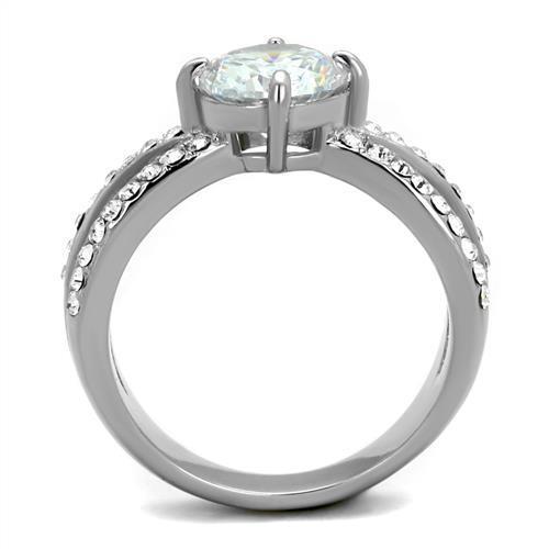 A high-polished stainless steel ring adorned with clear cubic zirconia stones, showcasing elegance and shine.