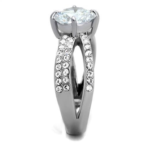 A high-polished stainless steel ring adorned with clear cubic zirconia stones, showcasing elegance and shine.