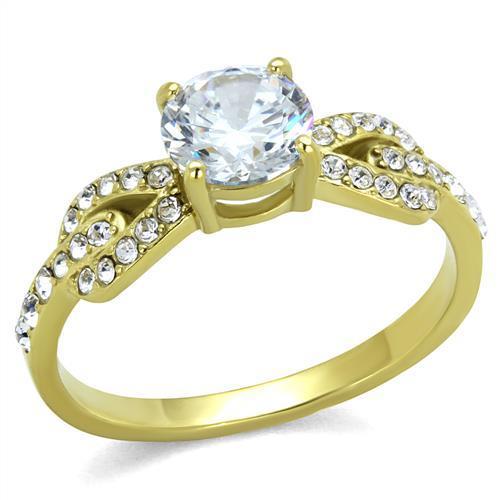 Women Stainless Steel Cubic Zirconia Ring TK2168 with clear stones and gold ion plating, showcasing elegance and durability.