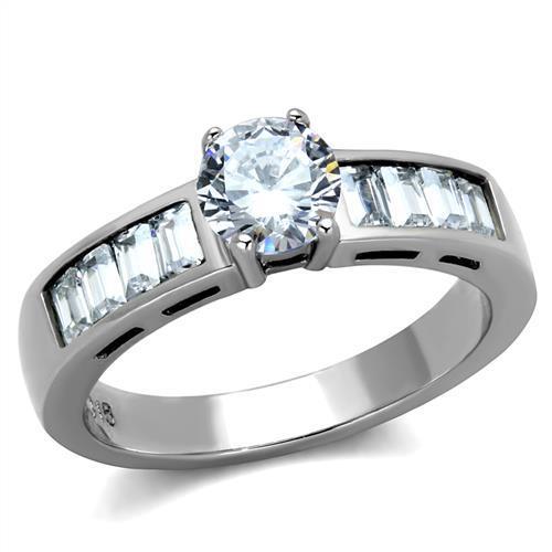 Women Stainless Steel Ring featuring clear cubic zirconia stones, high polished finish, elegant design.