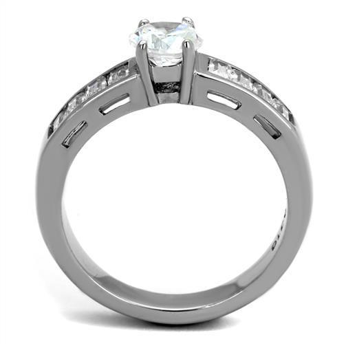 Women Stainless Steel Ring featuring clear cubic zirconia stones, high polished finish, elegant design.