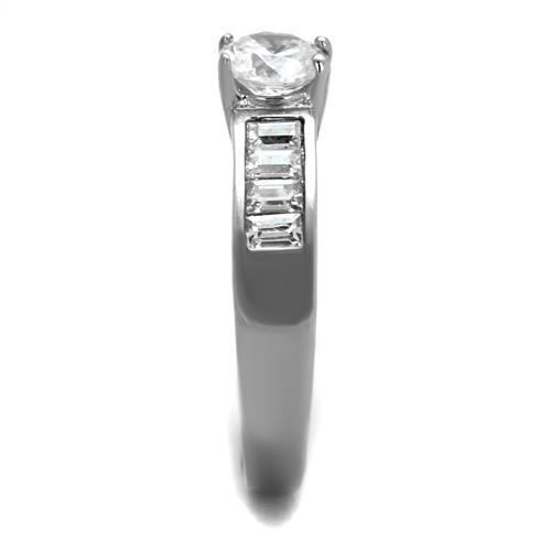 Women Stainless Steel Ring featuring clear cubic zirconia stones, high polished finish, elegant design.