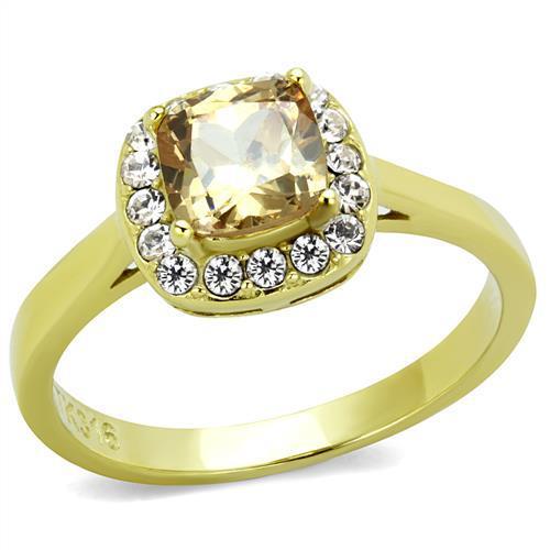 Elegant Women Stainless Steel Ring with Champagne Cubic Zirconia and IP Gold Plating.