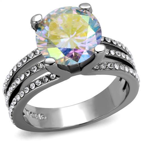 Elegant Women Stainless Steel Ring with Cubic Zirconia accents, featuring a high polish finish and white AB stones.