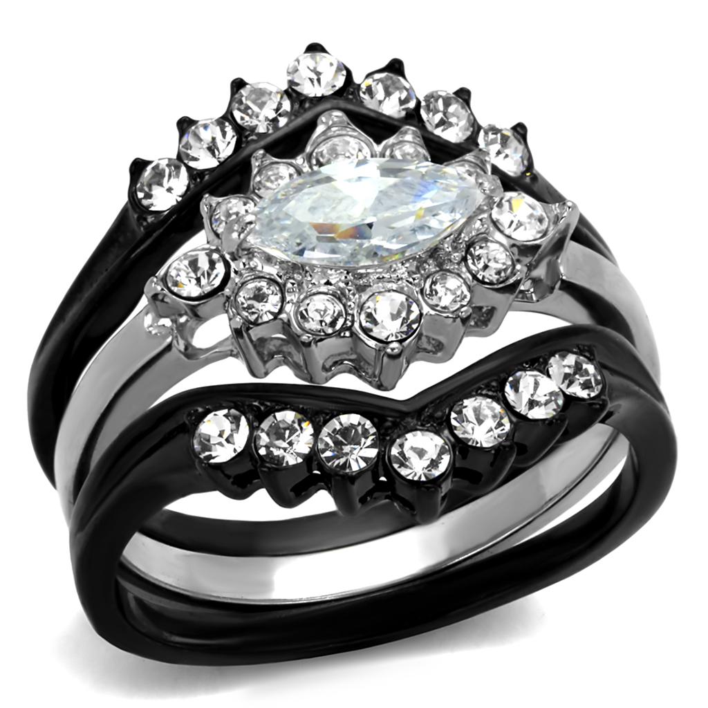 Elegant Women Stainless Steel Cubic Zirconia Ring TK2188 with two-tone IP black finish and sparkling clear stones.