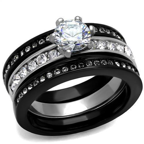 A stylish women's stainless steel ring featuring cubic zirconia stones in a two-tone black and silver design.