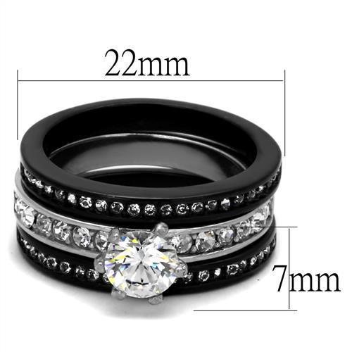 A stylish women's stainless steel ring featuring cubic zirconia stones in a two-tone black and silver design.