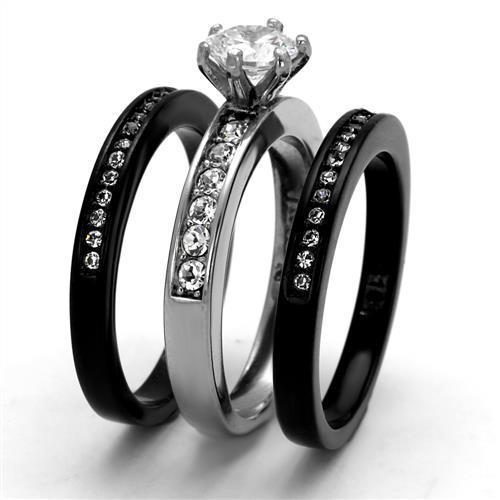 A stylish women's stainless steel ring featuring cubic zirconia stones in a two-tone black and silver design.