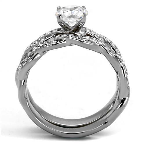 Elegant women's stainless steel ring with clear cubic zirconia stones, high-polished finish, perfect for everyday wear.