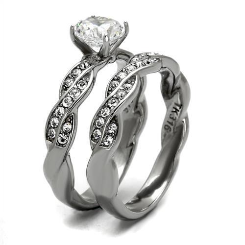 Elegant women's stainless steel ring with clear cubic zirconia stones, high-polished finish, perfect for everyday wear.