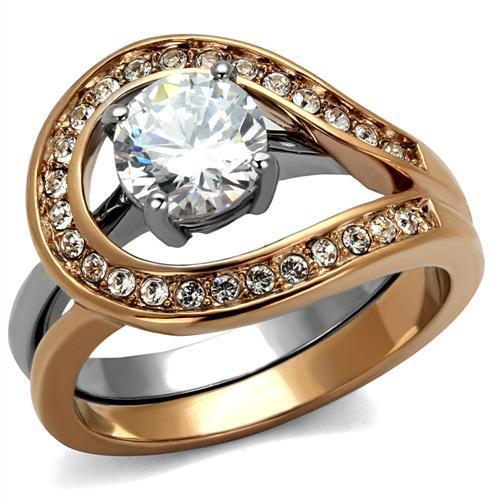 Elegant women’s stainless steel ring with cubic zirconia stones in two-tone IP rose gold finish.