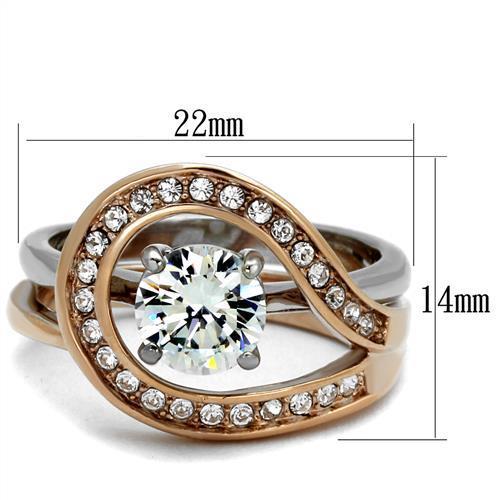 Elegant women’s stainless steel ring with cubic zirconia stones in two-tone IP rose gold finish.