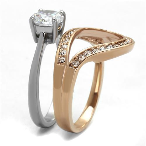Elegant women’s stainless steel ring with cubic zirconia stones in two-tone IP rose gold finish.