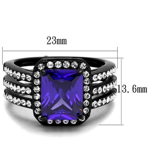 Elegant Women Stainless Steel Ring with Cubic Zirconia and Tanzanite accents, featuring IP black ion plating.