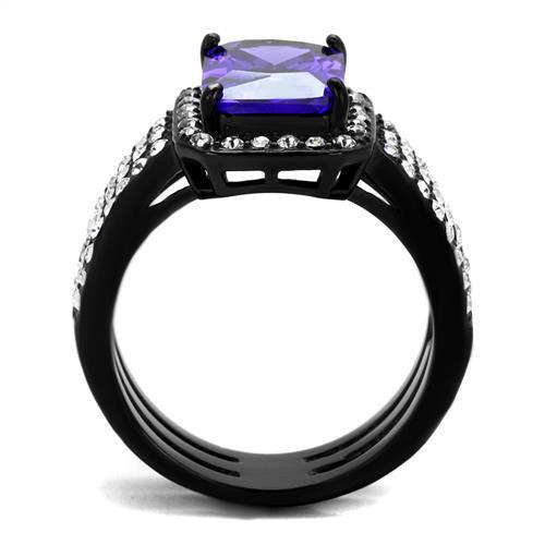 Elegant Women Stainless Steel Ring with Cubic Zirconia and Tanzanite accents, featuring IP black ion plating.