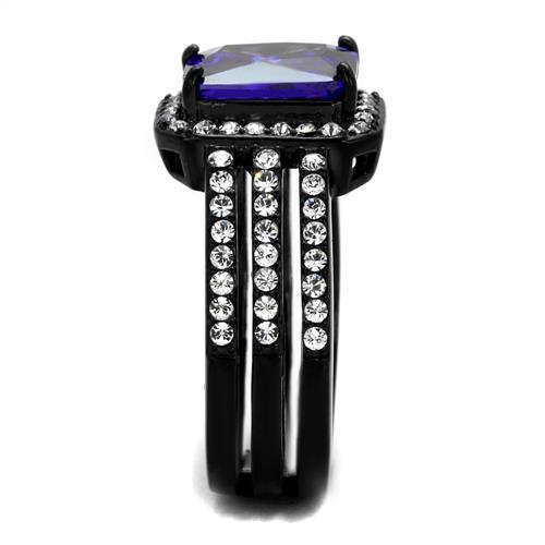 Elegant Women Stainless Steel Ring with Cubic Zirconia and Tanzanite accents, featuring IP black ion plating.