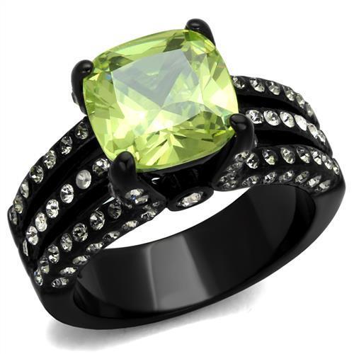 Women Stainless Steel Cubic Zirconia Ring in apple green color with IP black ion plating, showcasing its elegant design and sparkling stone.