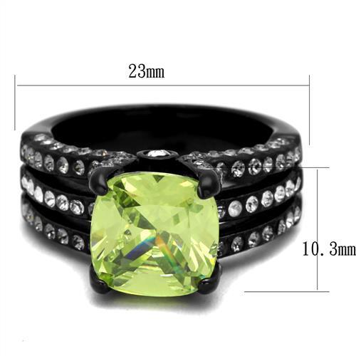Women Stainless Steel Cubic Zirconia Ring in apple green color with IP black ion plating, showcasing its elegant design and sparkling stone.