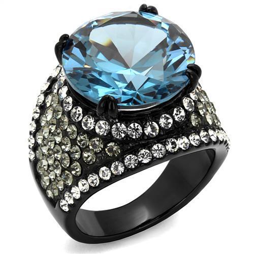 Women Stainless Steel Cubic Zirconia Ring with London Blue stone, featuring a sleek black ion plating finish.