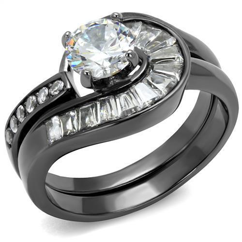 Women Stainless Steel Cubic Zirconia Ring with light black finish and clear round stones, showcasing elegance and modern design.