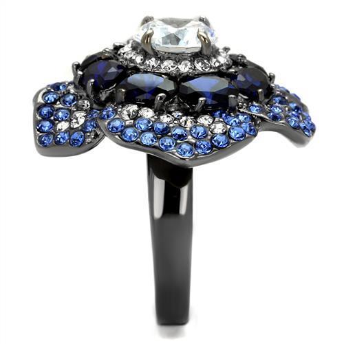 Women Stainless Steel Cubic Zirconia Ring with light black finish and clear round stones, showcasing elegance and style.