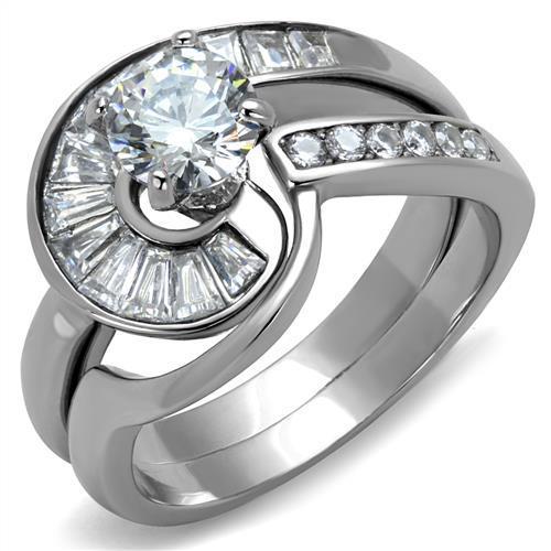 Women Stainless Steel Cubic Zirconia Ring TK2617 featuring a clear round stone set in a sleek stainless steel band.