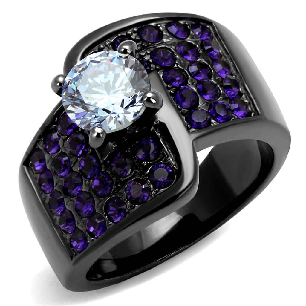 Women Stainless Steel Ring with Light Amethyst Cubic Zirconia, featuring a sleek black finish.