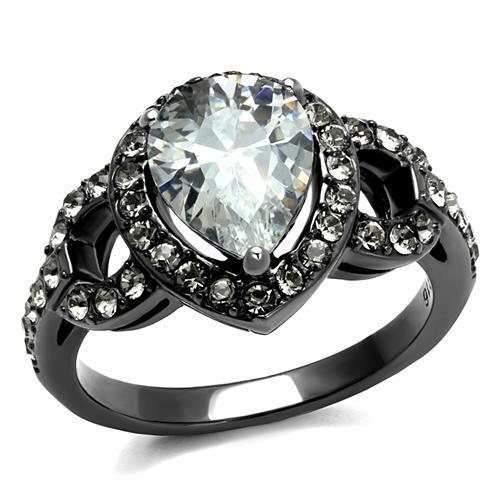 Women Stainless Steel Cubic Zirconia Ring with light black finish and pear-shaped clear stones, showcasing elegance and style.