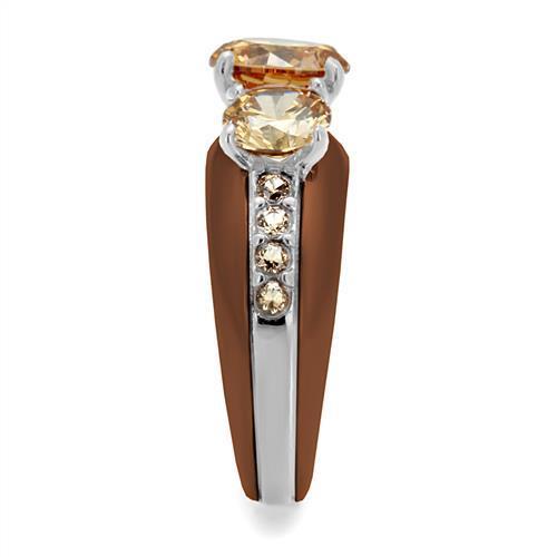 Elegant two-tone stainless steel ring with cubic zirconia stones, featuring a champagne round design.
