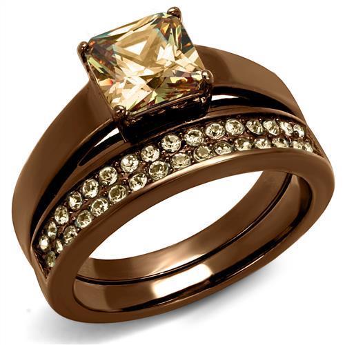 Elegant Women Stainless Steel Ring with Cubic Zirconia in Champagne Color