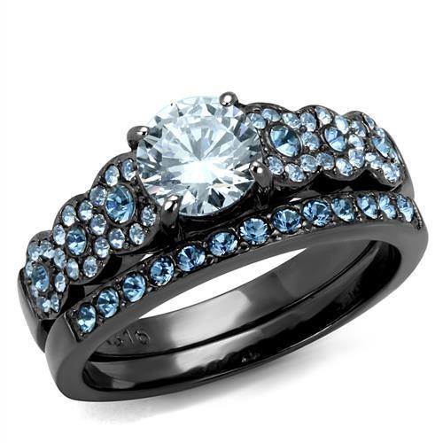 Elegant Women Stainless Steel Ring with Cubic Zirconia, featuring a light black finish and clear round stones.