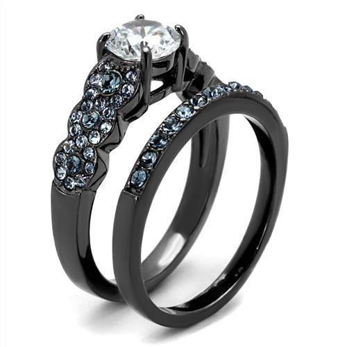 Elegant Women Stainless Steel Ring with Cubic Zirconia, featuring a light black finish and clear round stones.